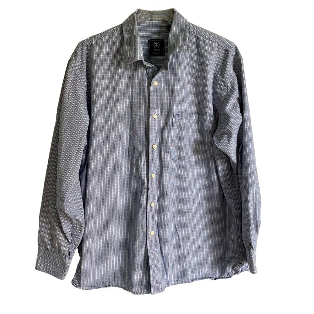 Izod Saltwater Long Sleeve Blue White Cotton Button Down Shirt Men's Large